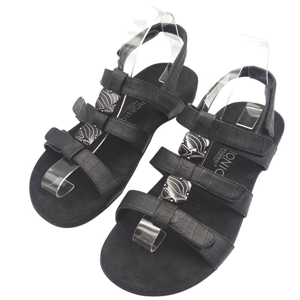 Vionic "44 Amber" Strappy Sandals Women's Size 8 Black Leather Comfort Open‎ Toe